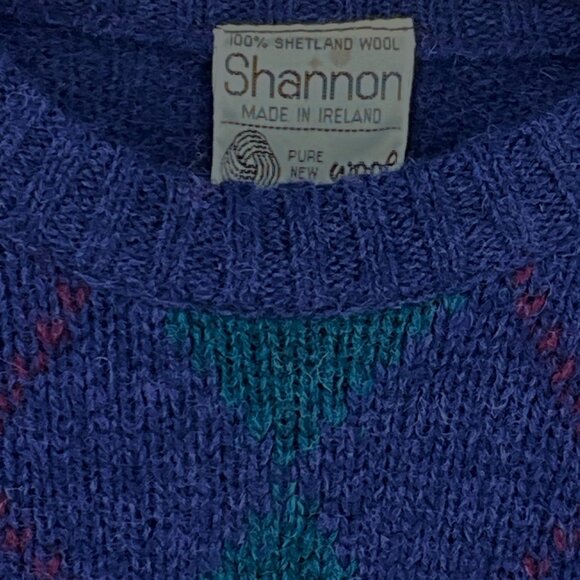Shannon 100% Shetland Wool Argyle Sweater Large Mens Blue Green Red Made In Irel - Picture 4 of 6